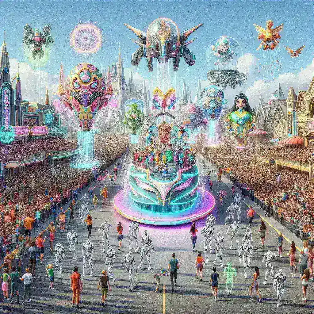"Disney AI-powered immersive parade featuring vibrant floats and animated characters at a U.S. park, showcasing cutting-edge technology and magical entertainment."