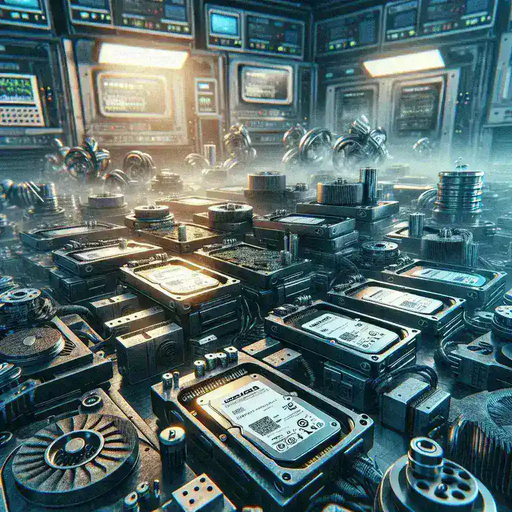 "Close-up of various SSD drives undergoing durability testing in a lab setting for intensive workloads evaluation."