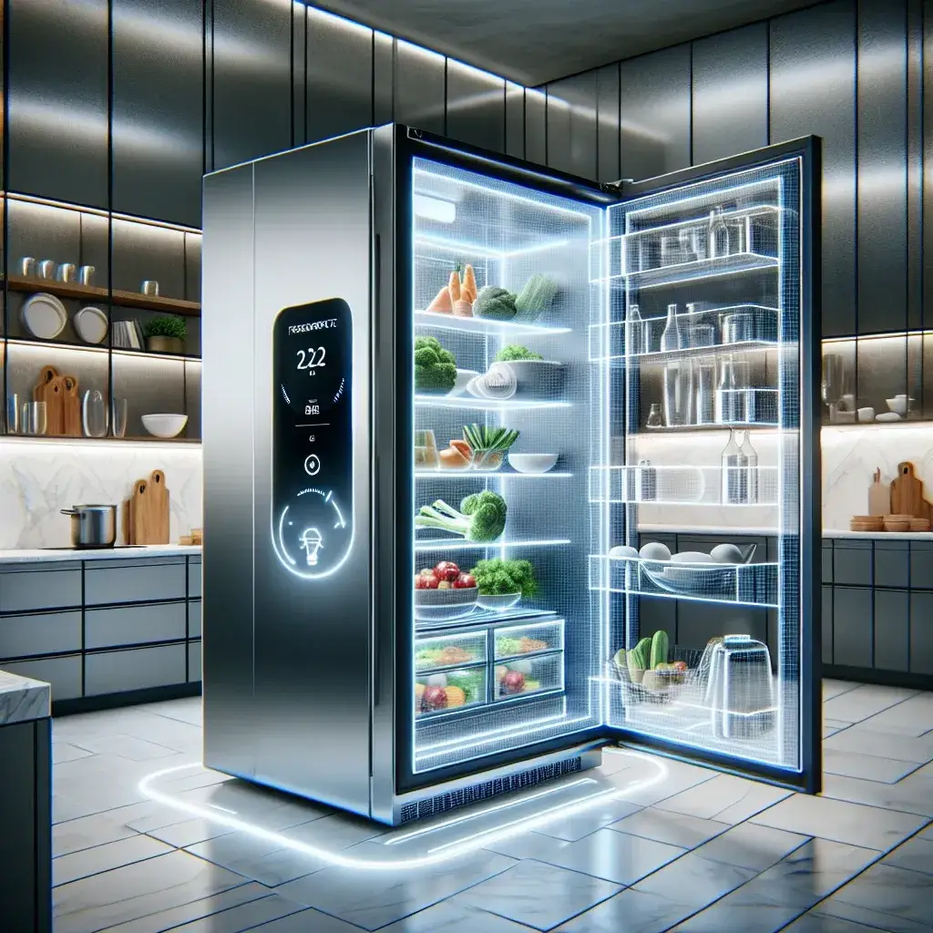 "Close-up view of Samsung's new transparent smart fridge showcasing advanced food freshness tracking technology, featuring interactive display and sleek design."
