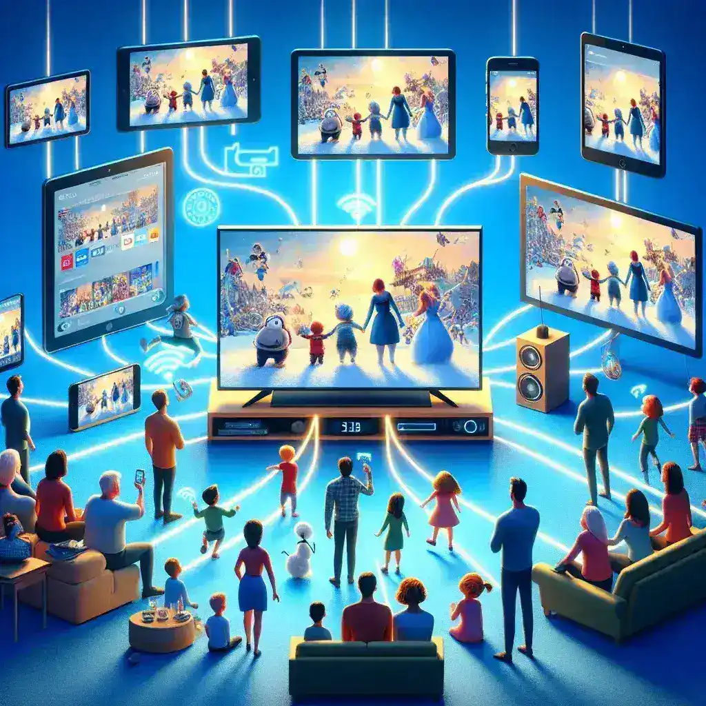 "Group of friends enjoying a synchronized movie night using Disney+ on multiple devices, illustrating the new Group Watch feature."